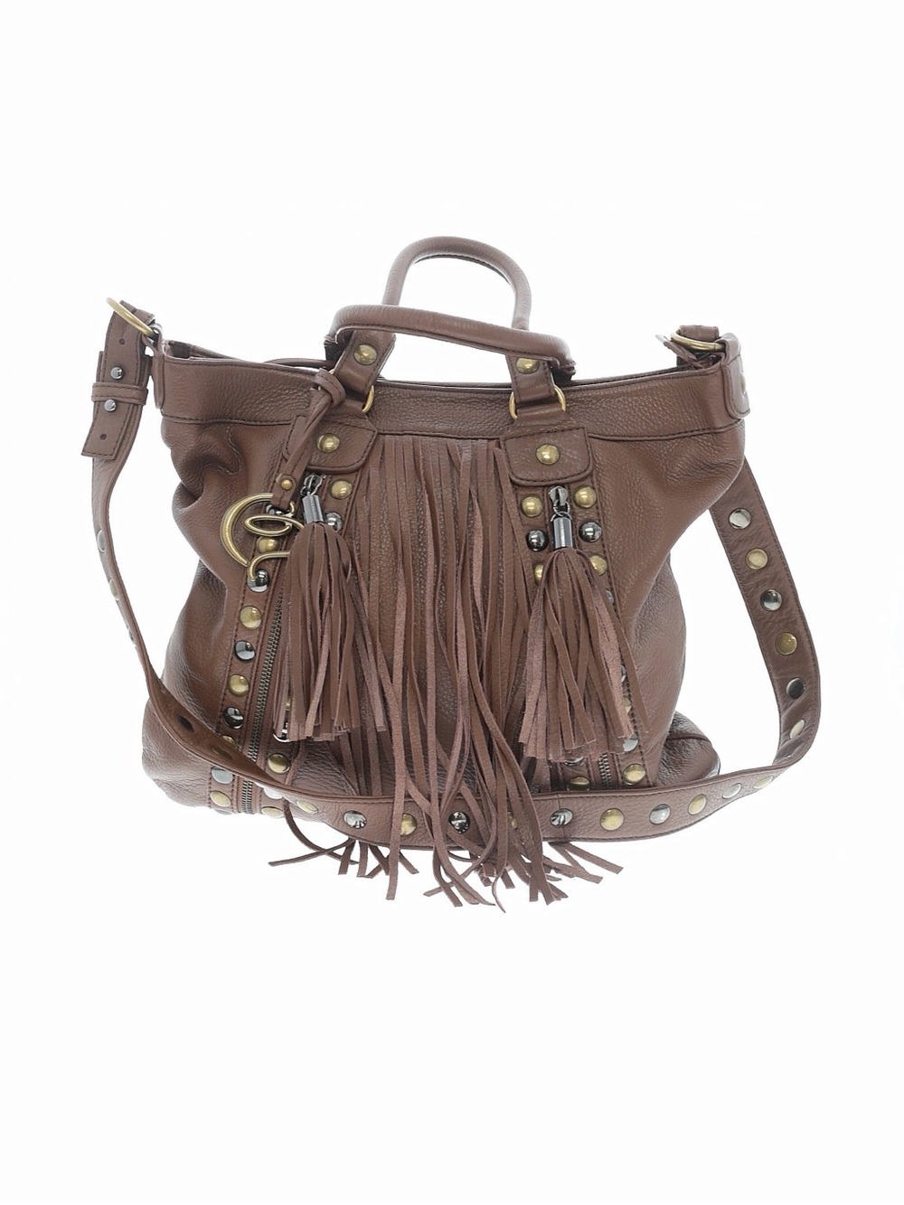 Fringed Brown Leather Shoulder Bag with Studded Strap